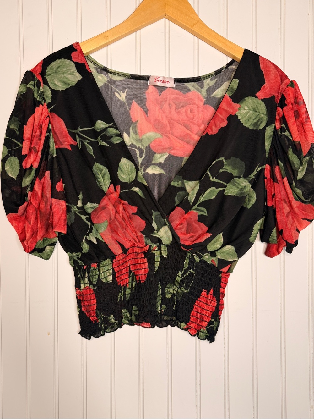 Vivace Black Rose Print Mesh Crop Top Puff Sleeve